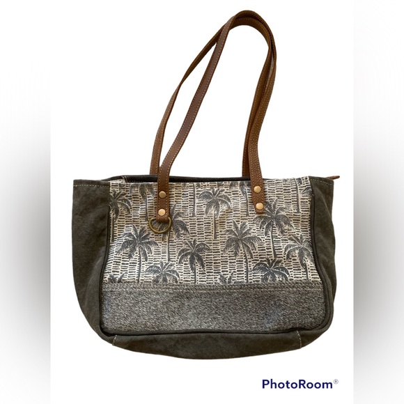 Myra Bag Handbags - Myra bag olive green canvas with palm trees. Grey cow hide across bottom front.
